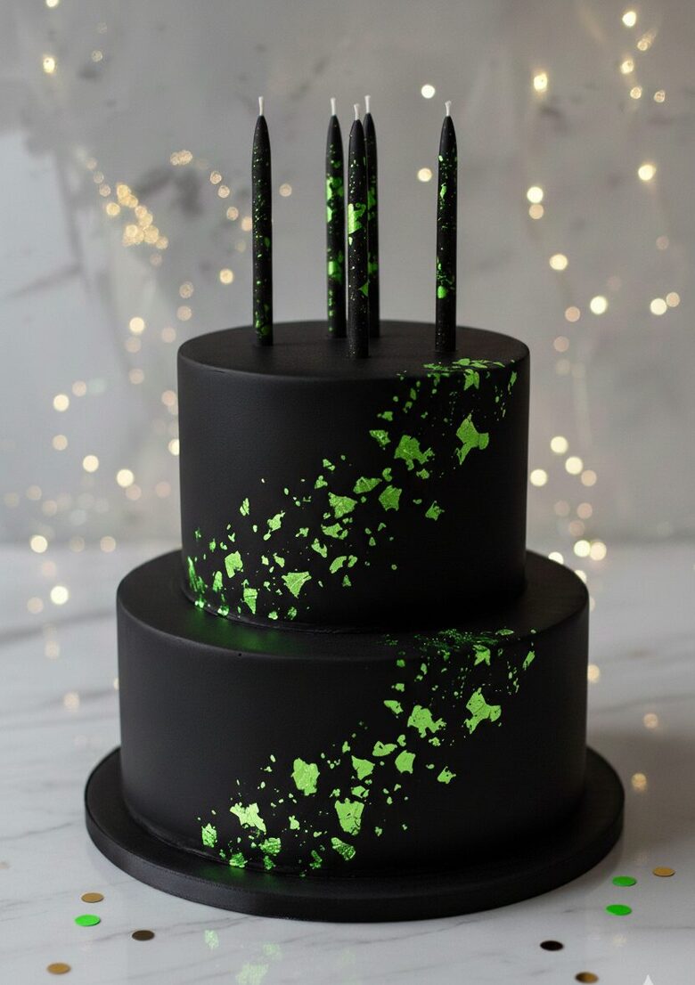 Melnās bišu vaska sveces kūkām un tortēm ar zaļu foliju, 8cm 